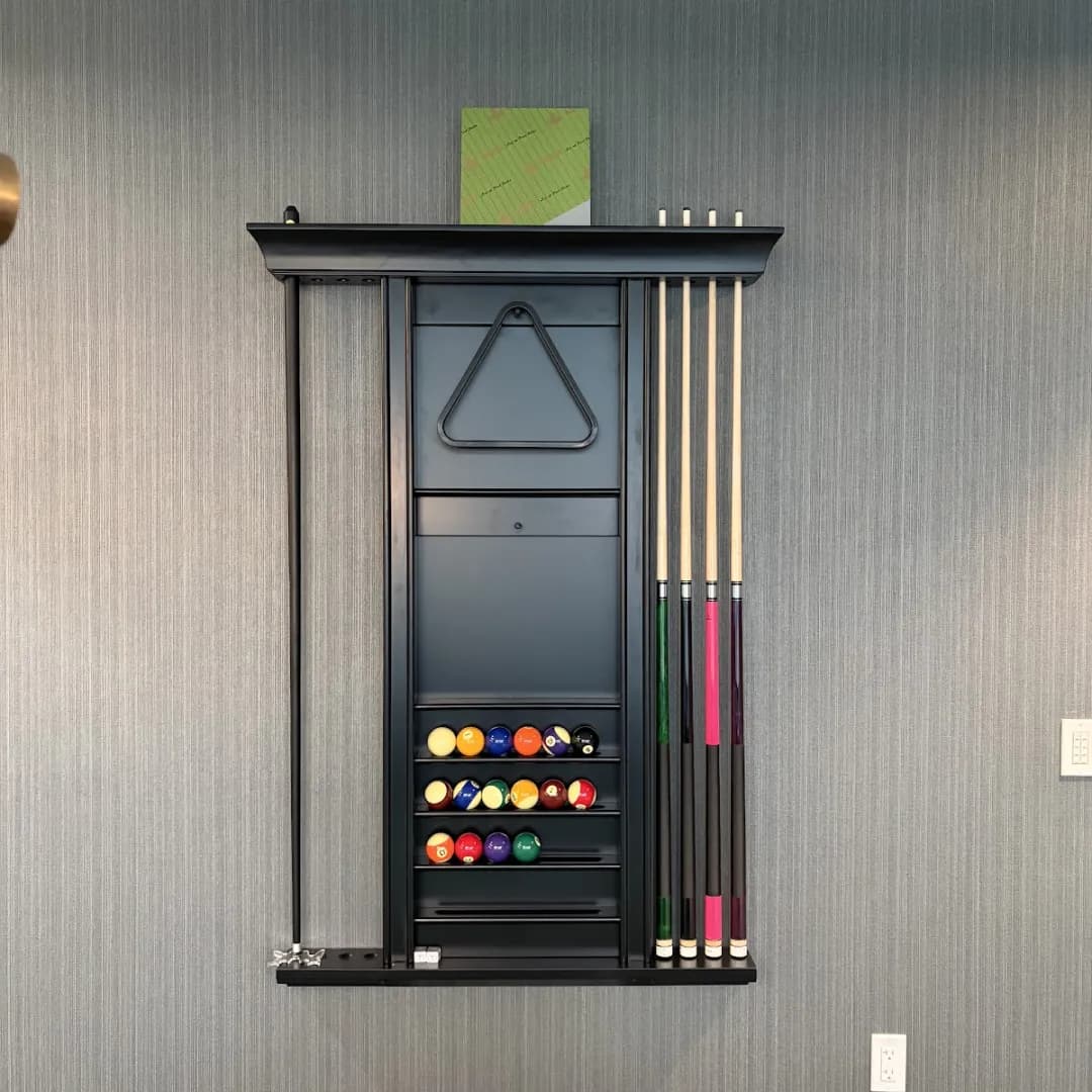 Black Finish 8 Pool Cue Billiard Wall Rack — commercial gaming tables supplied nationwide